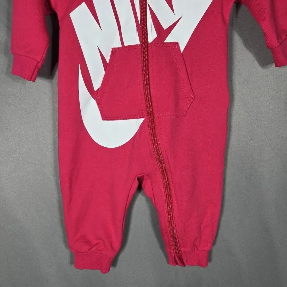 Nike Hooded Romper One Piece Infant 6M Pink Full Zip Logo Jumpsuit Front‎ Swoosh
